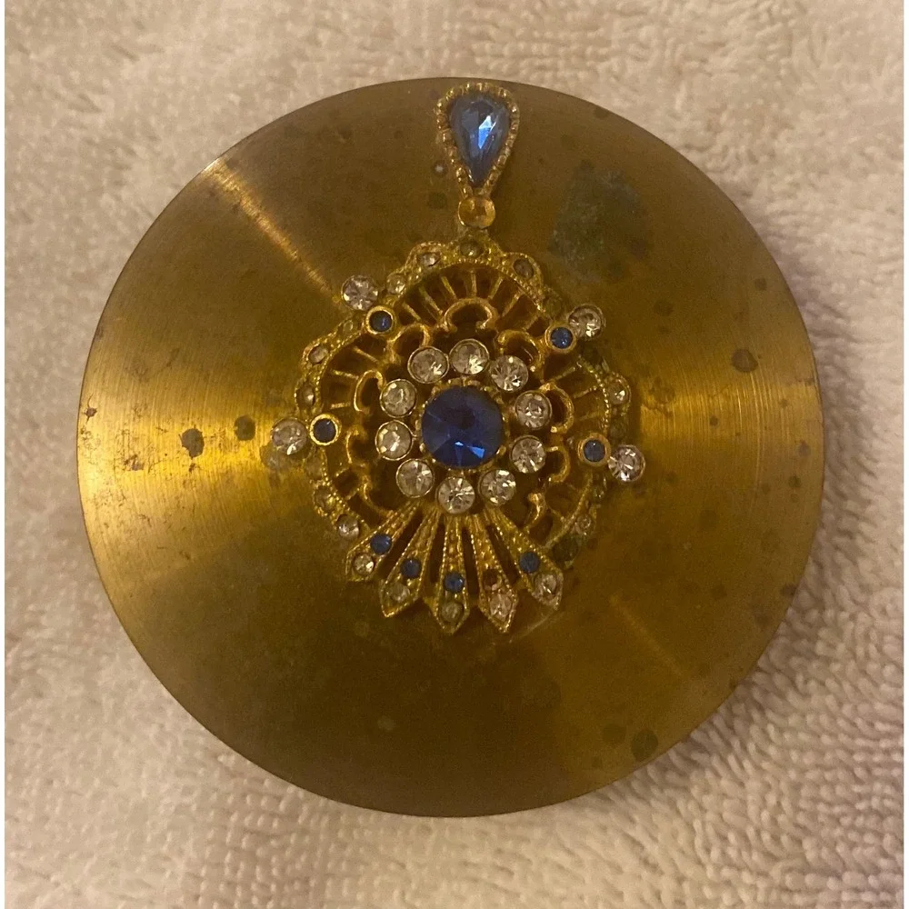 Vintage Brass Compact Mirror Lipstick Holder Blue Rhinestone Filigree Gold Tone